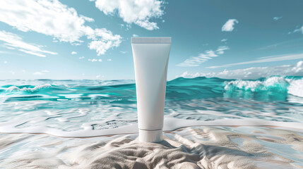 Sunscreen tube on sunny beach backdrop