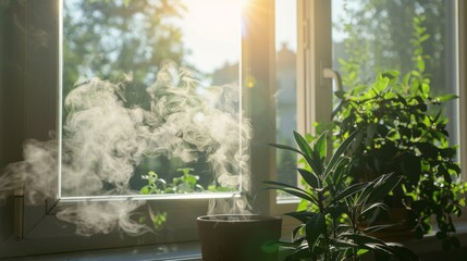 A window with a plant and a pot of boiling water