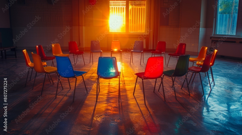 Poster a room with a large circle of chairs and a sun shining through a window. the chairs are all differen