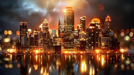 Modern office building model with a bustling cityscape in 3D, perfect for urban planning presentations, with ample space for text