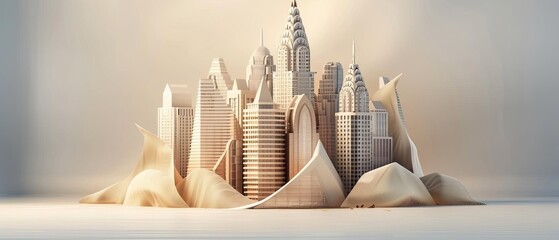 Architectural 3D model of futuristic city with skyscrapers and innovative design elements, isolated on a white background