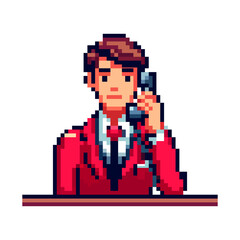 Pixel Art Character Holding Phone Wearing Red Suit with Tie, Office Worker