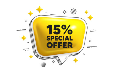 15 percent discount offer tag. Chat speech bubble 3d icon. Sale price promo sign. Special offer symbol. Discount chat message. Speech bubble banner with stripes. Yellow text balloon. Vector