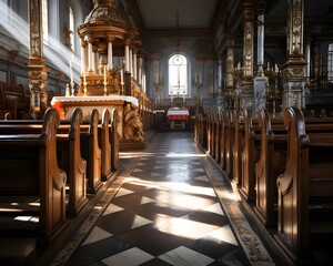 interior of a catholic church in the light of the sun