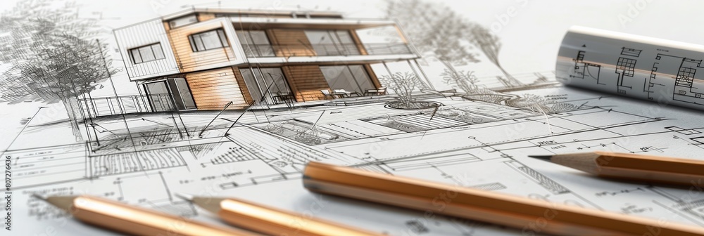 Poster a detailed drawing of a house emerging from a set of blueprints, showcasing the process of architect