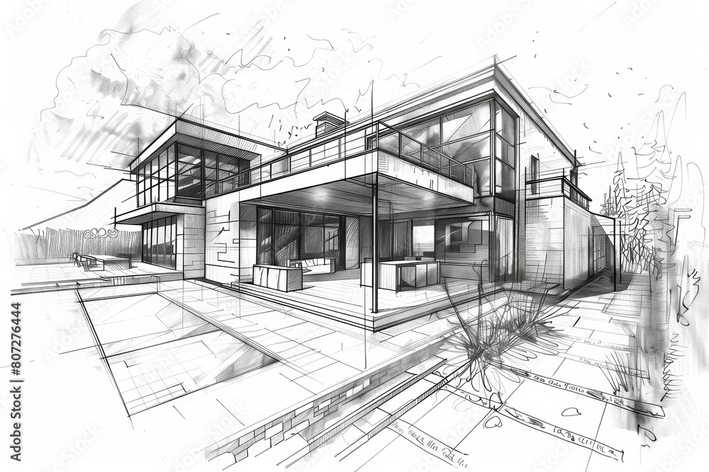Aufkleber a detailed drawing of a house adorned with numerous windows, creating a symphony of light and glass.