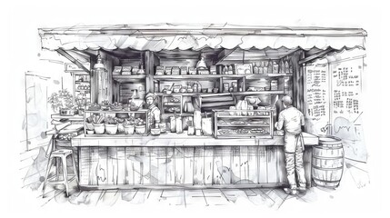 The image is a black and white sketch of a man standing at a market stall
