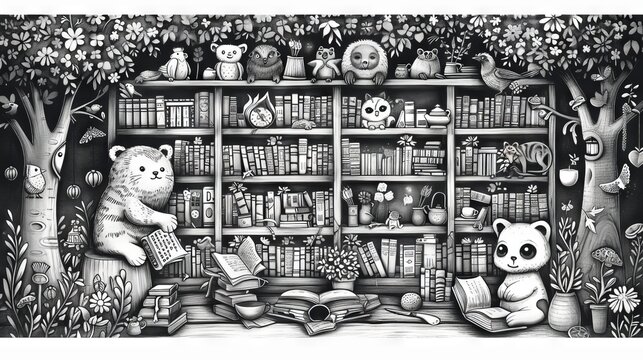 The image is a black and white illustration of a library