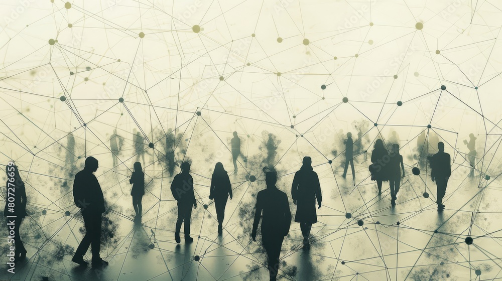 Poster a group of people walking in a city with a network of lines connecting them. concept of anonymity an