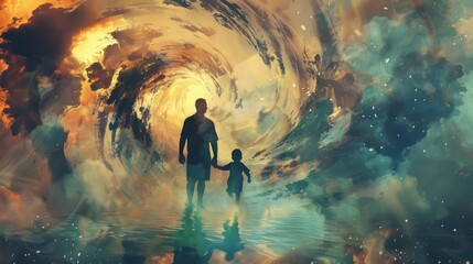 Fototapeta premium Silhouettes of a father and child with the energetic swirls of a whirlpool