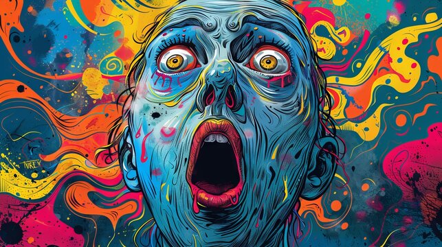 A psychedelic portrait of a man screaming in agony. The colors are vibrant and the image is full of energy. The man's expression is one of pure horror.