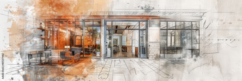 Poster a striking drawing of a building adorned with numerous windows, creating a luminous and modern archi