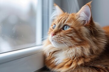 A Felidae with blue eyes gazes out the window, whiskers twitching