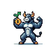 A pixelated bull with a bag of gold, symbolizing the strength and growth of the market