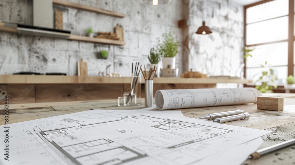 Poster a pair of scissors neatly rests on a blueprint laid out on a wooden table, hinting at the careful cr