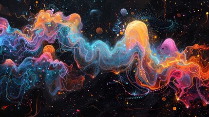 A colorful, swirling galaxy of stars and planets. The colors are vibrant and the shapes are abstract. Scene is one of wonder and awe, as if the viewer is looking out into the vastness of space