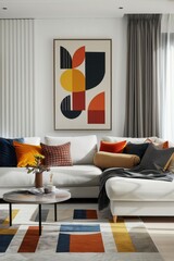 Scandinavian Serenity, White-Walled Living Room with Artistic Wall Decor