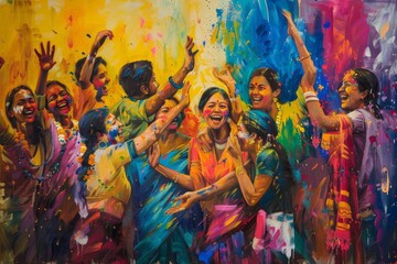 Joyful Holi celebration scene with happy faces and vibrant colors