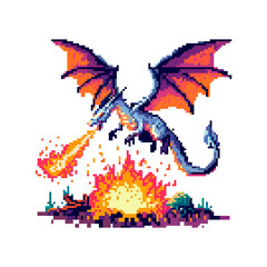 A pixelated dragon breathing fire, with a blue body and wings, destroyed the city