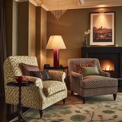 Modern classic sitting room decor, interior design and house improvement, living room furniture, armchair and home decor in English country house and elegant cottage style, post-processed, generative