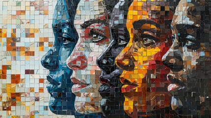 A painting of four faces with different colors and styles. The painting is a collage of different faces, each with a unique style and color