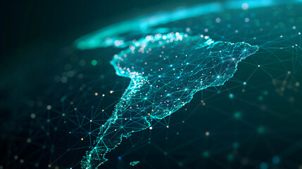 Naklejka premium Digital Map of South America with Network Connections. Futuristic digital representation of South America with glowing network nodes and lines on dark background.
