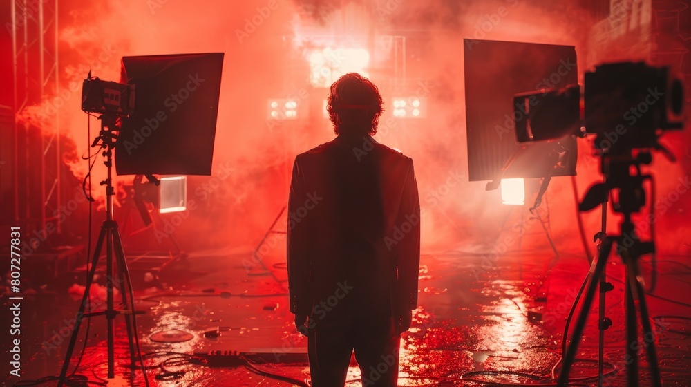 Poster a man stands in front of two strobe lights, one of which is on. the scene is set in a dark room with