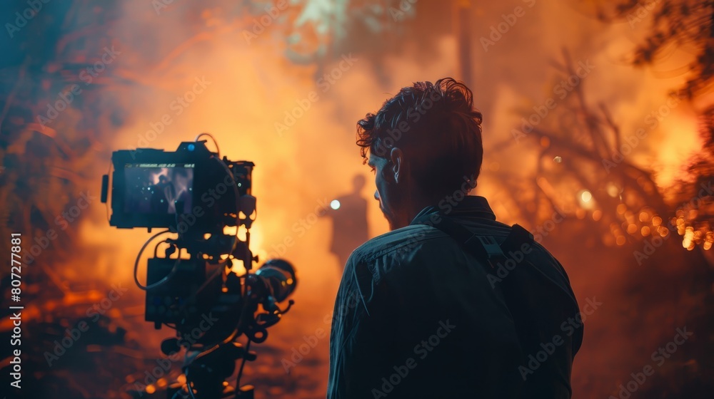 Poster a man is filming a scene in a forest with a camera. the scene is set in a forest with a fire in the 