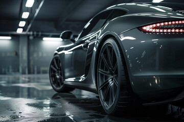 Sleek Sports Car in Moody Underground Garage. A luxurious black sports car parked in a dimly lit underground garage, reflecting on a wet floor under fluorescent lights.