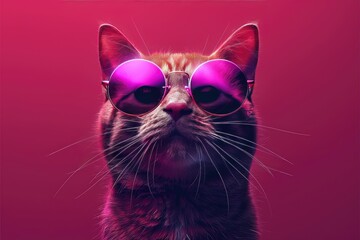 Felidae organism Cat with purple sunglasses on a pink background