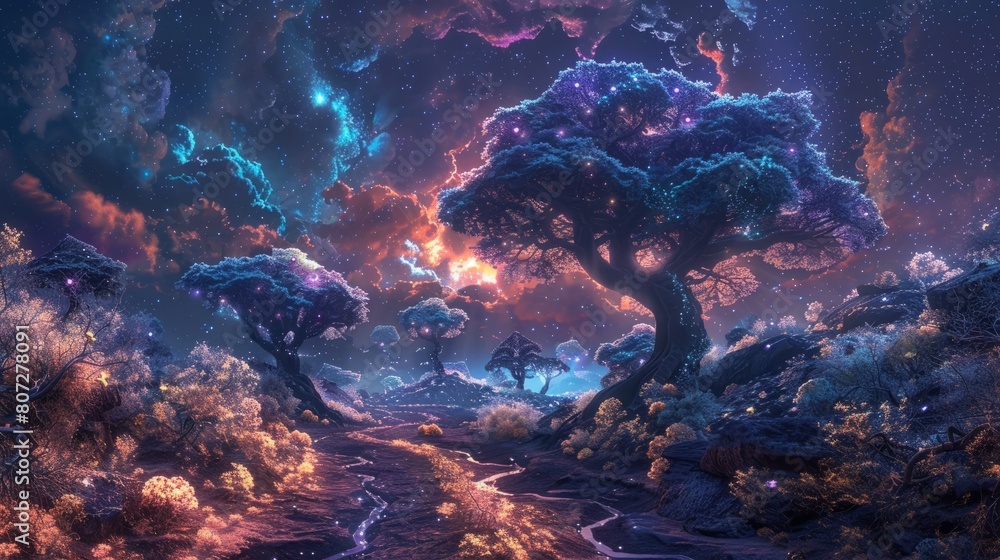 Poster a colorful, fantastical forest with trees and a path. the sky is filled with stars and clouds, creat