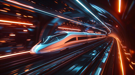 Fototapeta premium High-Speed Train Racing Through Futuristic Tunnel. Dynamic image of a high-speed train zooming through a brightly lit, futuristic tunnel with vivid streaks of light.