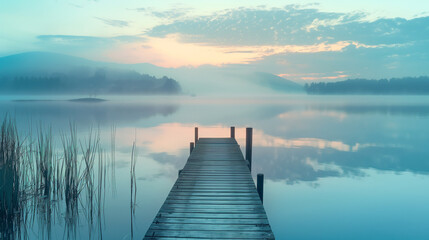 Fototapeta premium Serene Lake at Sunrise with Wooden Dock. Peaceful early morning scene at a serene lake, featuring a wooden dock extending into mist-covered waters under a soft sunrise.