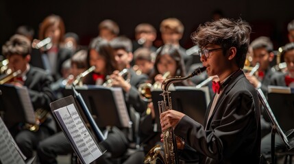 A young man plays a saxophone in a band. The other members of the band are also playing instruments