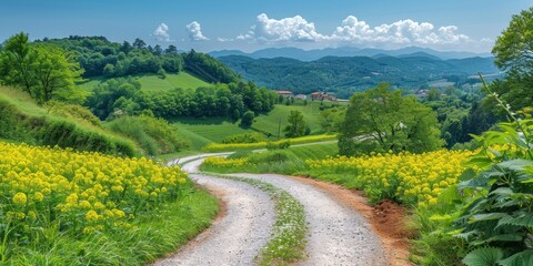 A dirt road winds through a vibrant green countryside