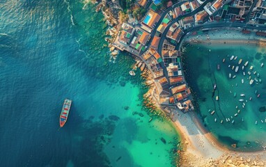 Aerial view of a vibrant coastal cityscape with turquoise waters.