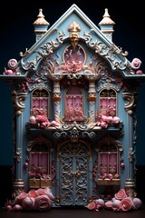 Close up of a beautiful house made of wood and metal with pink flowers