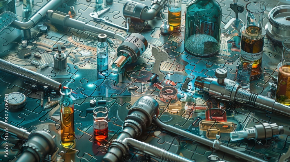 Poster a puzzle with many pieces and a variety of objects, including a bottle of alcohol. scene is chaotic 