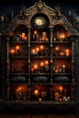 Old bookshelf with candlestick and candles. 3d rendering