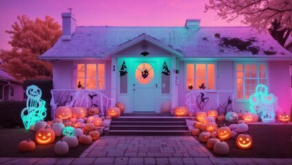 パステルカラーのネオンが光るハロウィン仕様のお家