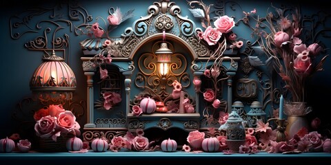 Vintage interior with flowers and candles. 3d render illustration.