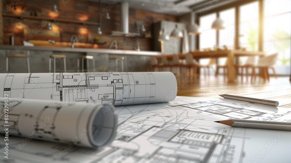 Poster detailed blueprint showcasing a modern kitchen and elegant dining room layout with intricate design 