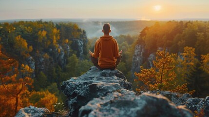 Fototapeta premium Man Sitting on Rock Next to Forest