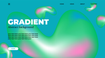 Abstract gradient web page design template, background with smooth blur shapes and sample text, copy space.Green, blue.pink and black color.Copy space.Wavy liquid gradient mesh.Grapic design.