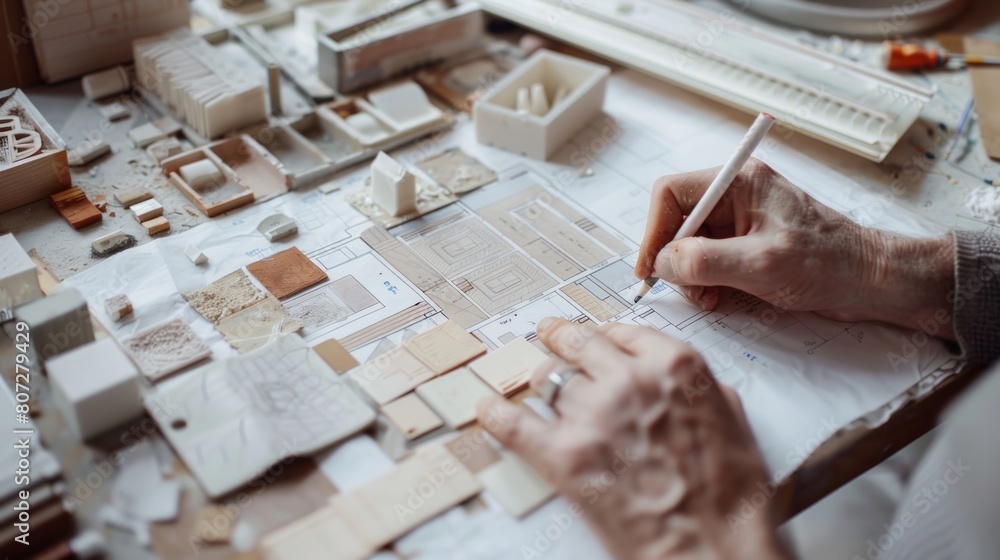 Poster a person is meticulously arranging tiles on a table, creating a stunning mosaic masterpiece for a pr
