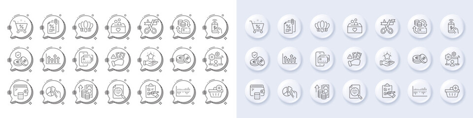 Pie chart, Inflation and Analytics chart line icons. White pin 3d buttons, chat bubbles icons. Pack of Money change, Column diagram, Savings icon. Upper arrows, Online job, Fraud pictogram. Vector