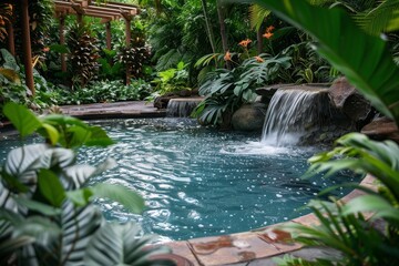 Tranquil tropical garden with a small waterfall flowing into a serene pool