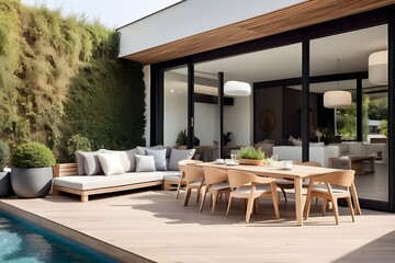 contemporary and cozy patio for dining outdoors at home or in a restaurant with a terrace