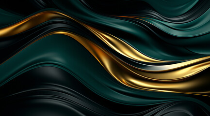 Abstract background of golden mountain liquid metal with waves and stars, dark silver, and deep green colors