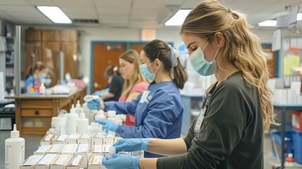 A group of women in lab coats are wearing gloves and masks while working with medicine. Scene is serious and focused, as the women are carefully handling the medication - Powered by Adobe